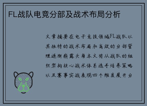 FL战队电竞分部及战术布局分析
